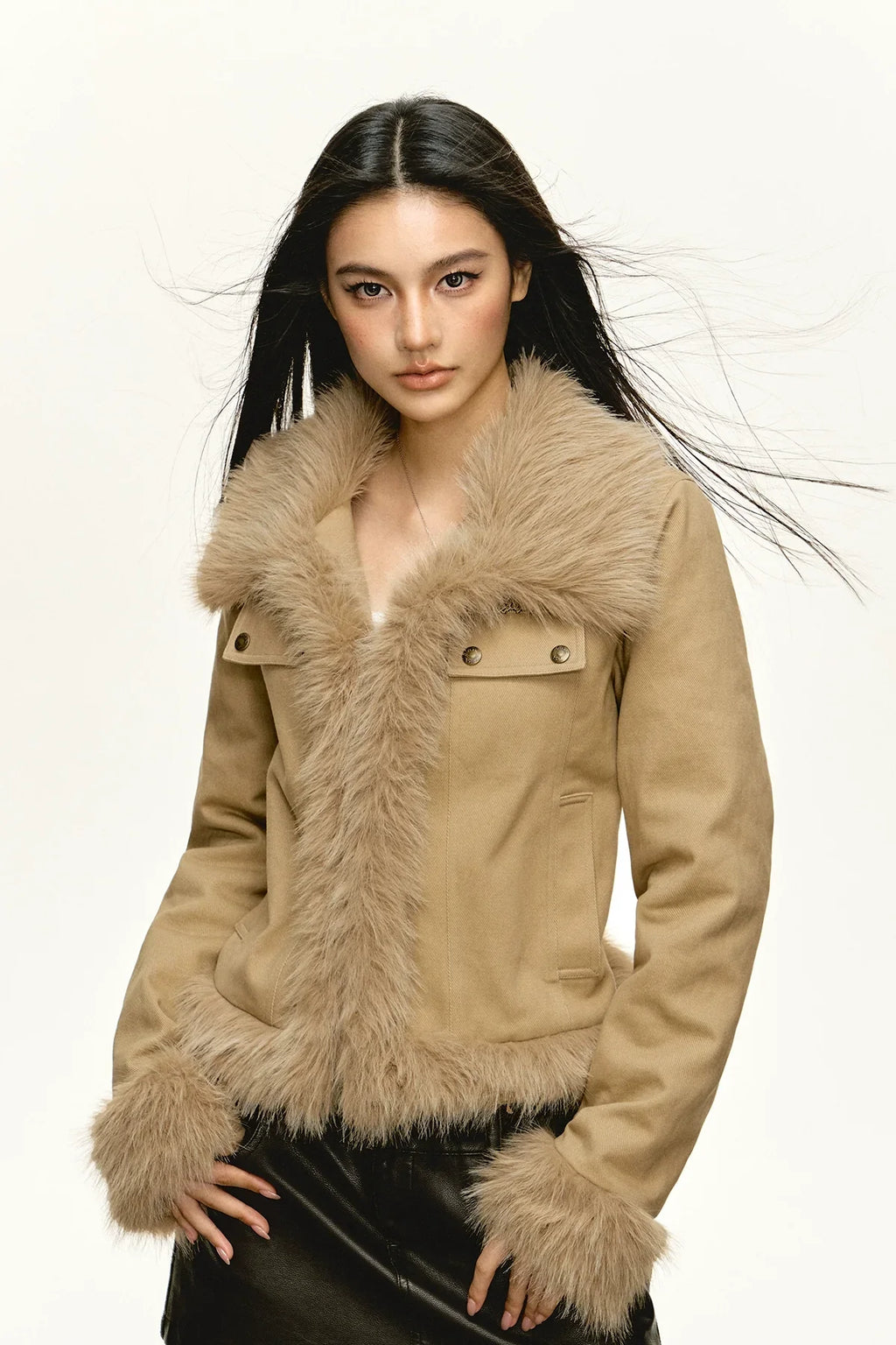 Khaki Faux-Fur Trim Cropped Jacket