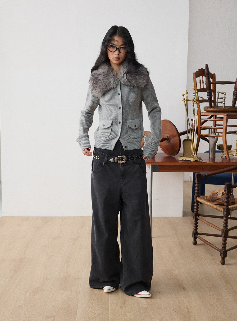 Fur Wide Collar Plush Knit Cardigan