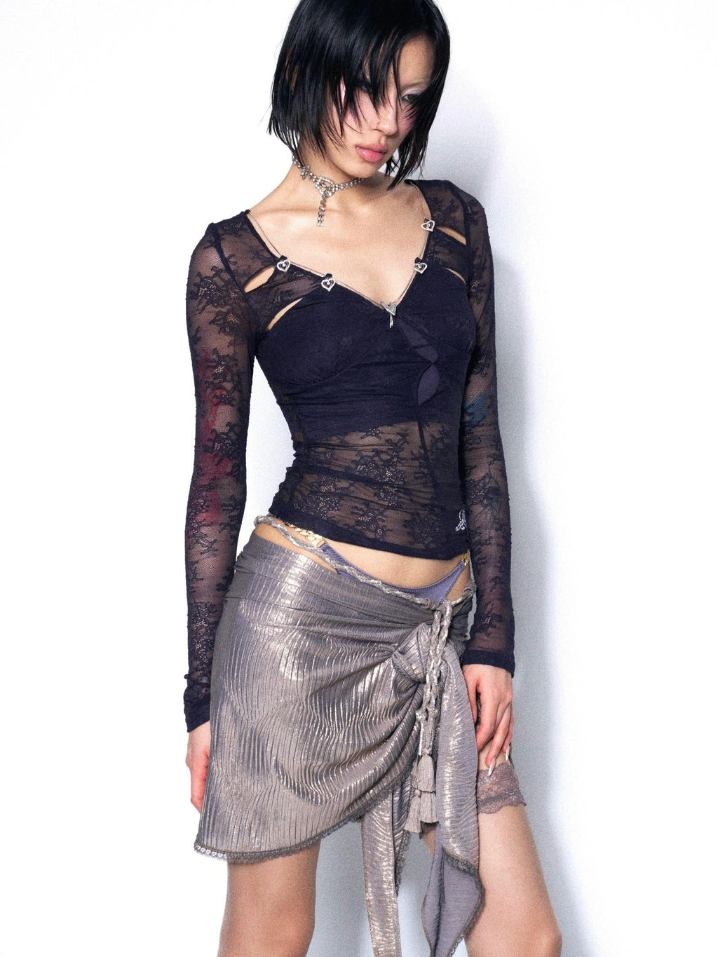 Champagne Foil Pleated Asymmetric Tie Front Slit Women'S Polyester Mini Skirts