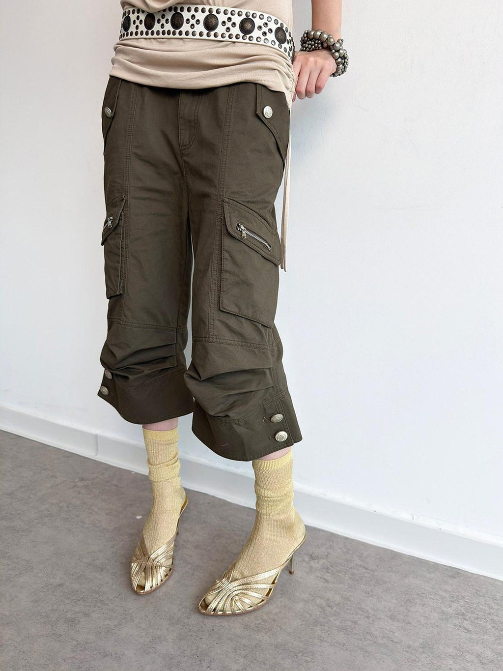 Vintage Biker Washed Cargo Women'S Cotton Flare Cropped Pants