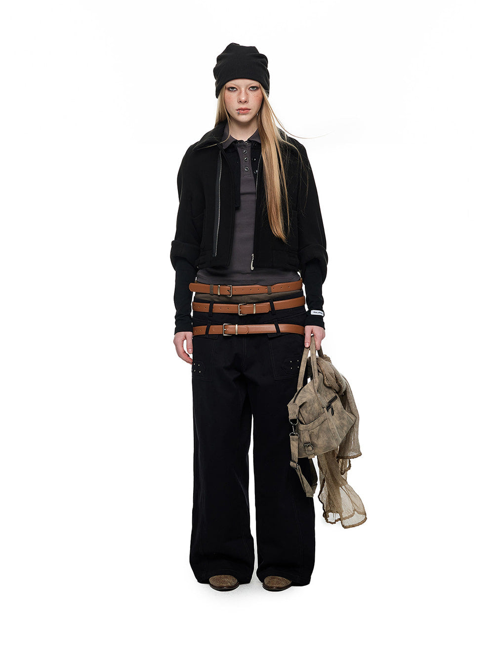 Triple Waist Belt Studded Wide Pants