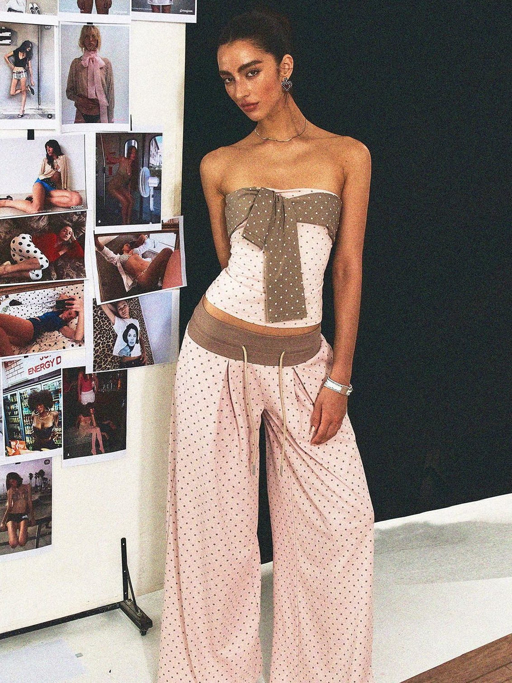 Polka Dot Cotton Two Piece Colorblock Sexy High Waist Pants Tube Tops