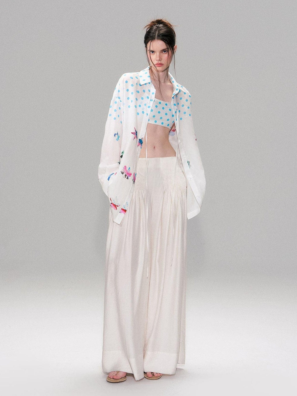 Soft Breathable Linen Blend Relaxed Drop Shoulder Polka Dot Long Sleeve Shirts