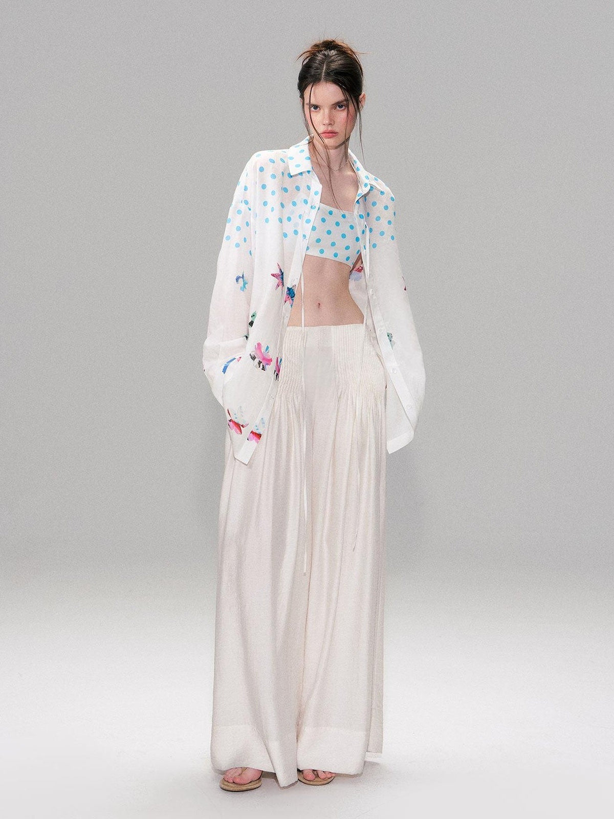 Soft Breathable Linen Blend Relaxed Drop Shoulder Polka Dot Long Sleeve Shirts