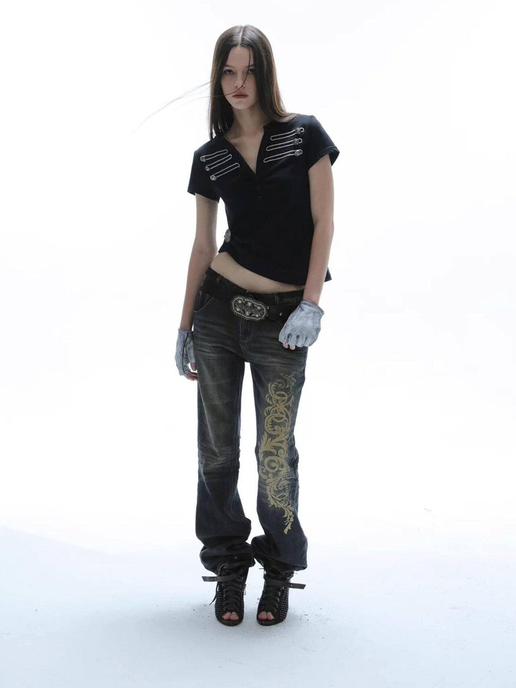 Baroque Print Distressed Micro Flare Women'S Cotton Low-Rise Jeans