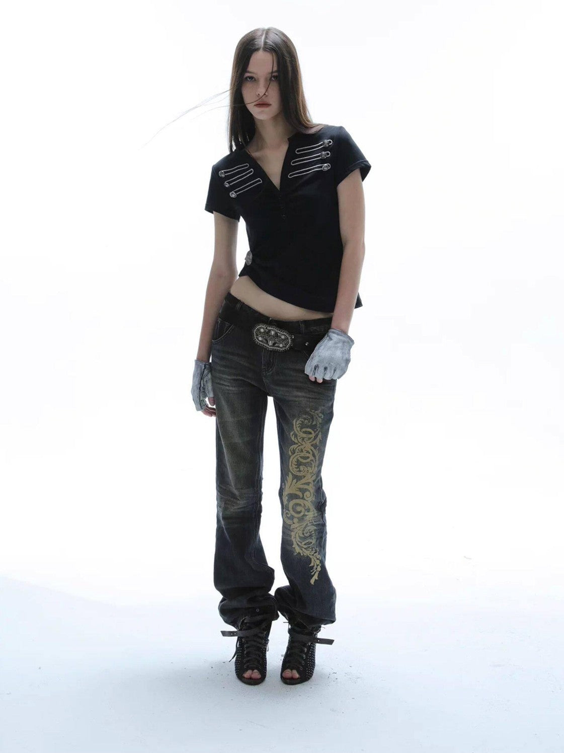 Baroque Print Distressed Micro Flare Women'S Cotton Low-Rise Jeans