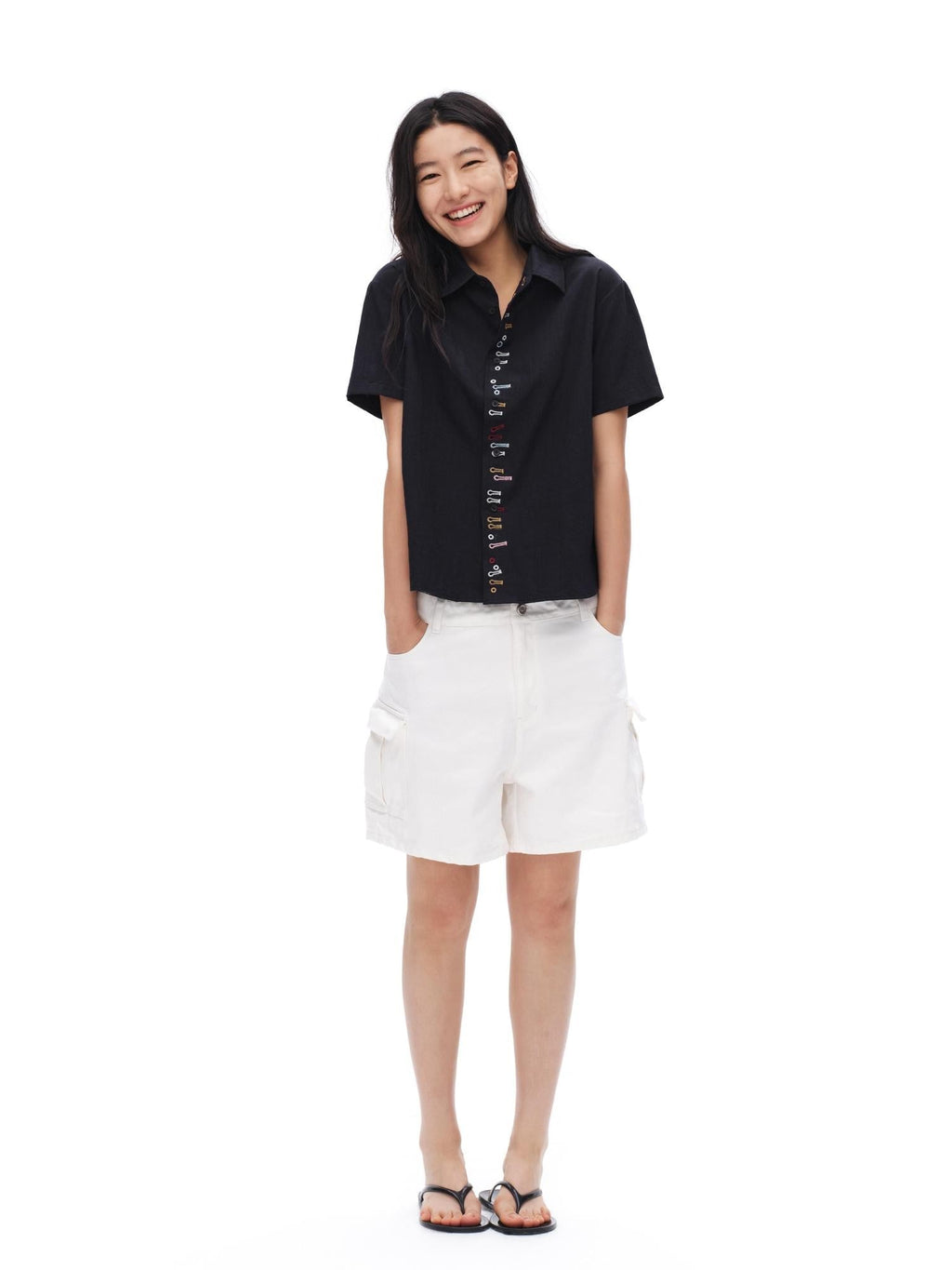 White Vintage Bermuda Cargo Button Fly Pocket Women'S Cotton Denim Shorts