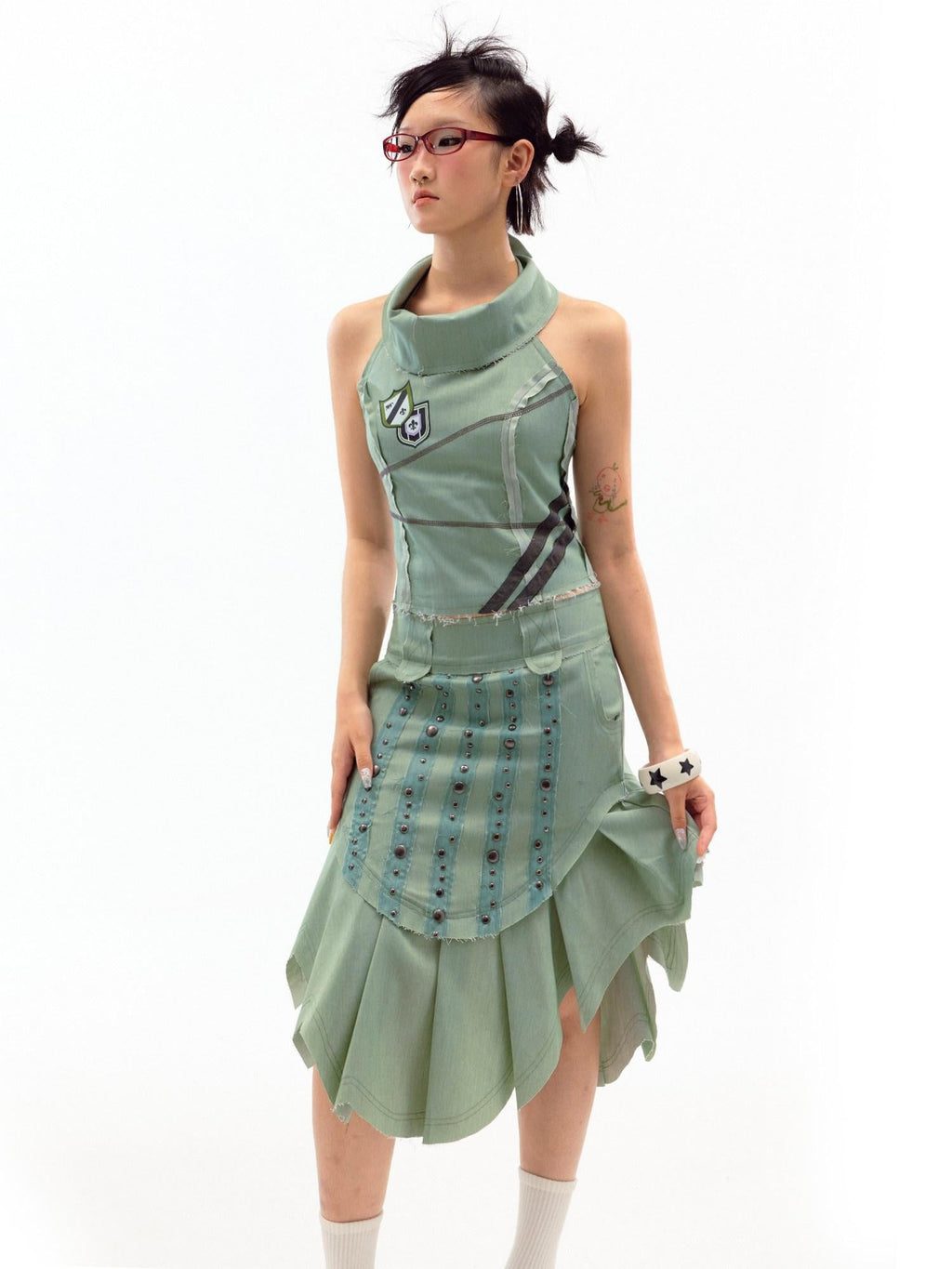 Beaded Distressed Chinese Mid Waist Irregular Hem Dark Green Zipper Midi Skirts