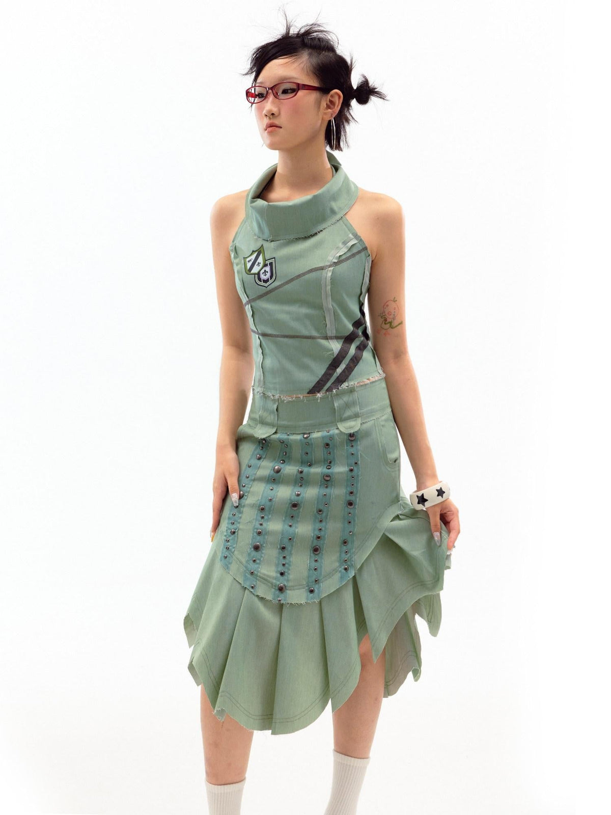 Beaded Distressed Chinese Mid Waist Irregular Hem Dark Green Zipper Midi Skirts
