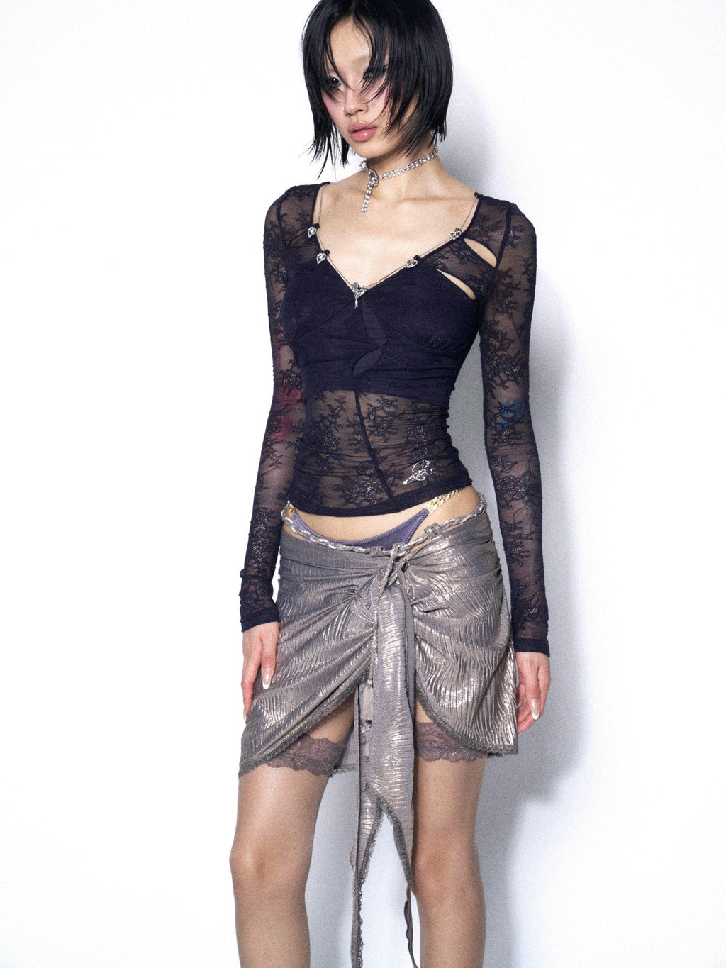 Dark Blue Purple Lace Cutout Heart Women'S Cotton Long Sleeve T-Shirts