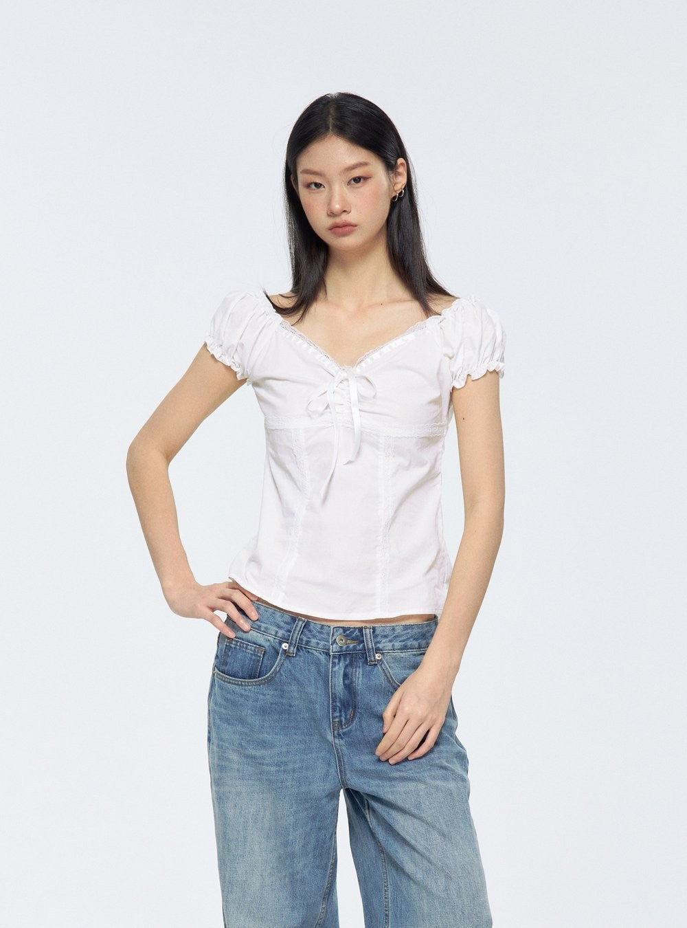 Lace Ribbon Puff Sleeve Top
