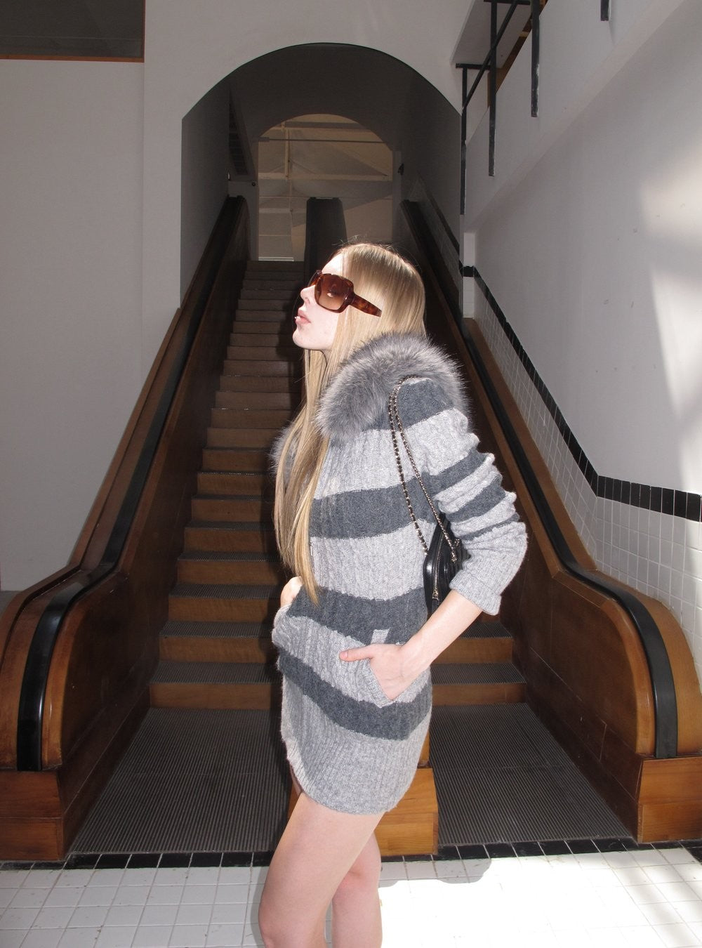 Stripe Cable Knit Hooded Cardigan