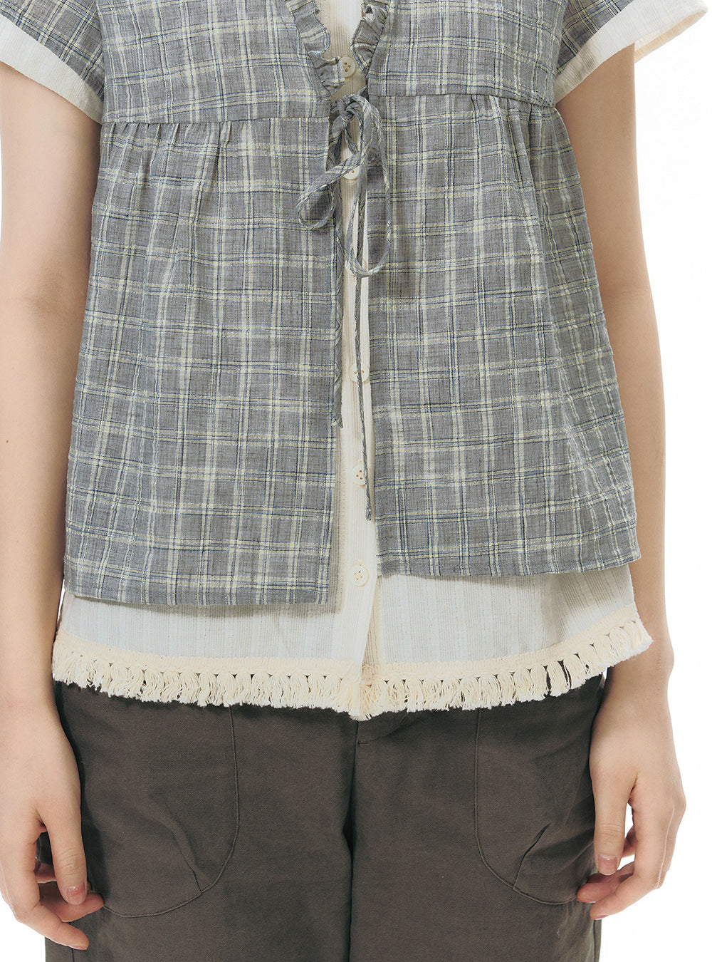 Plaid Ribbon Tie Blouse Top