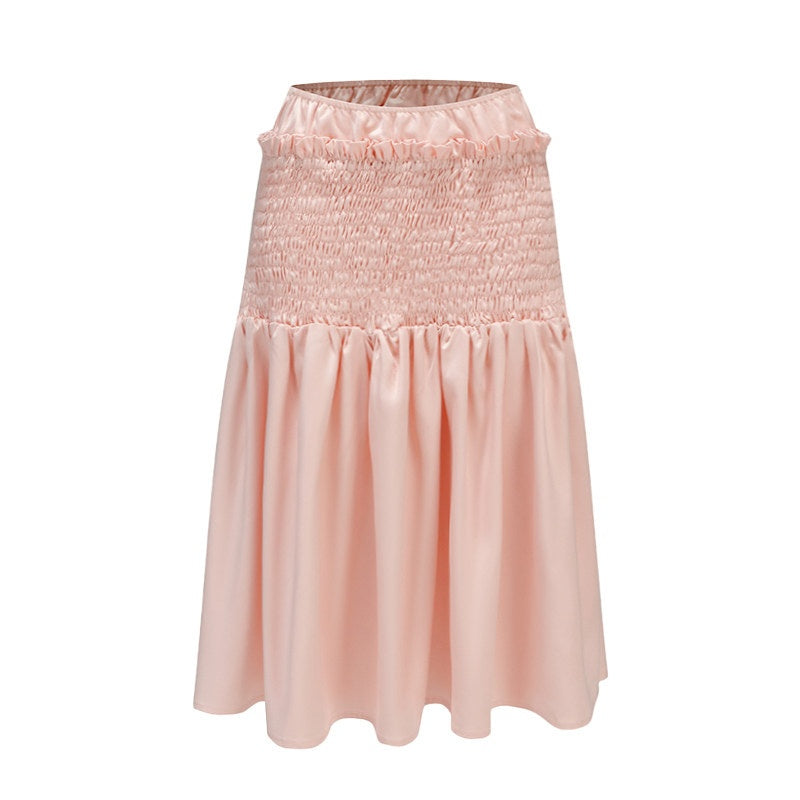 High Stretch Ruffle Pleated Low Waist Casual Women Floral Pink Midi Skirts