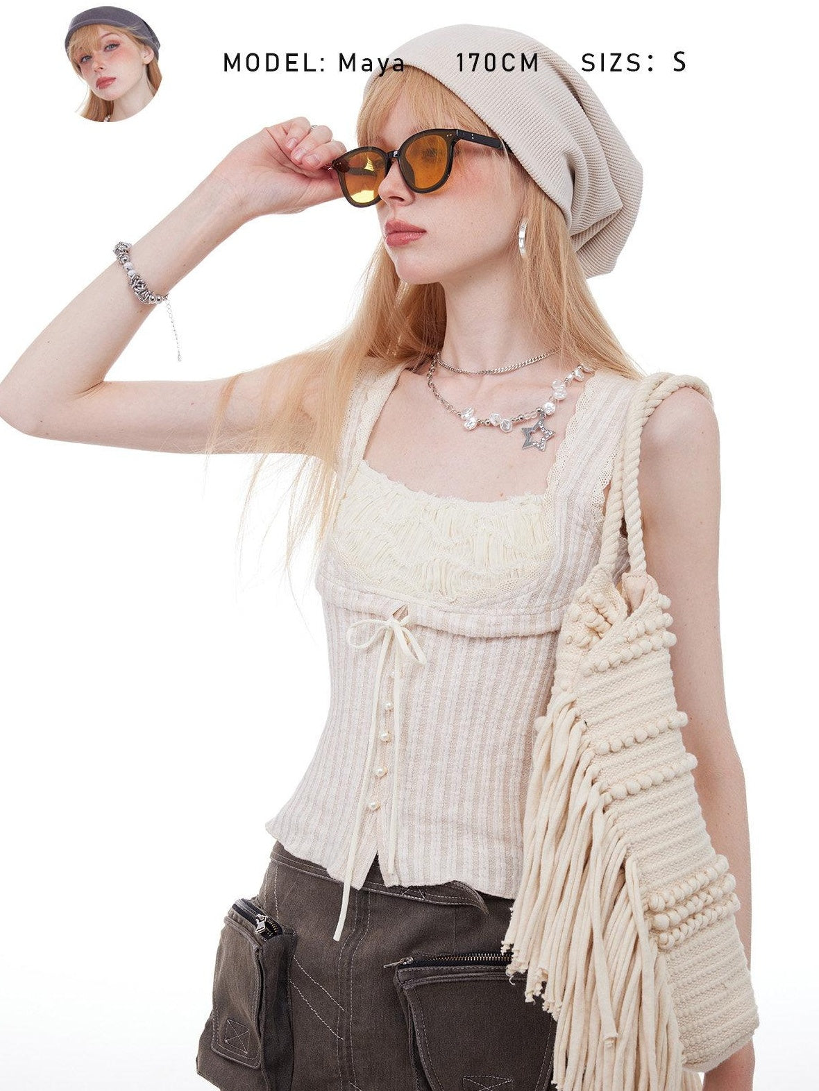 Lace Tie Patchwork Slim Crop Cotton Blend Casual Beige Solid Tank Camisoles