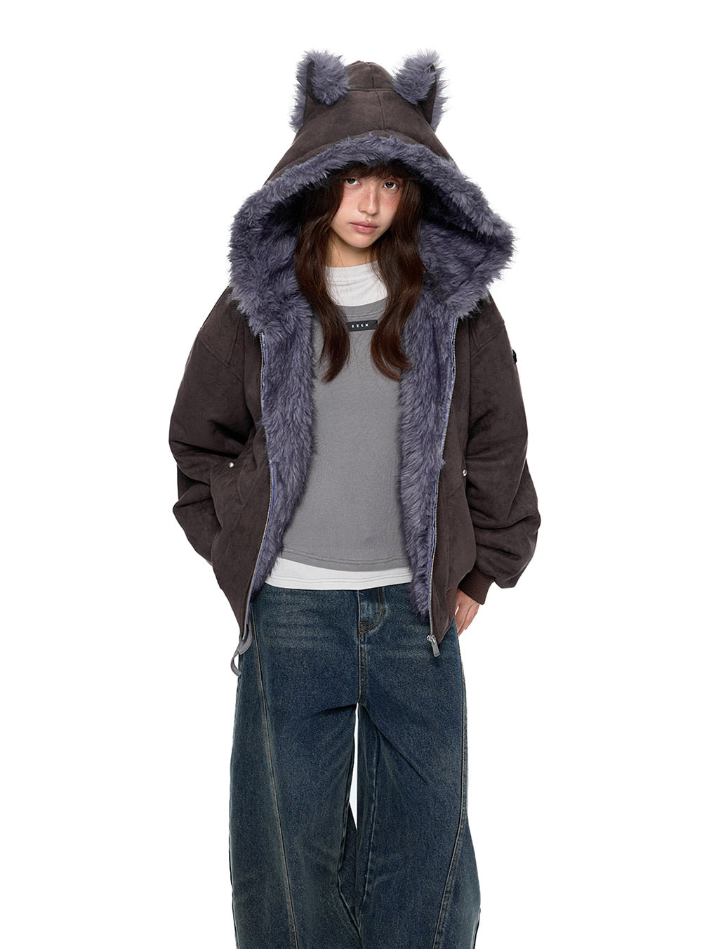 Cat Ear Fur Trim Bomber Jacket (4color)