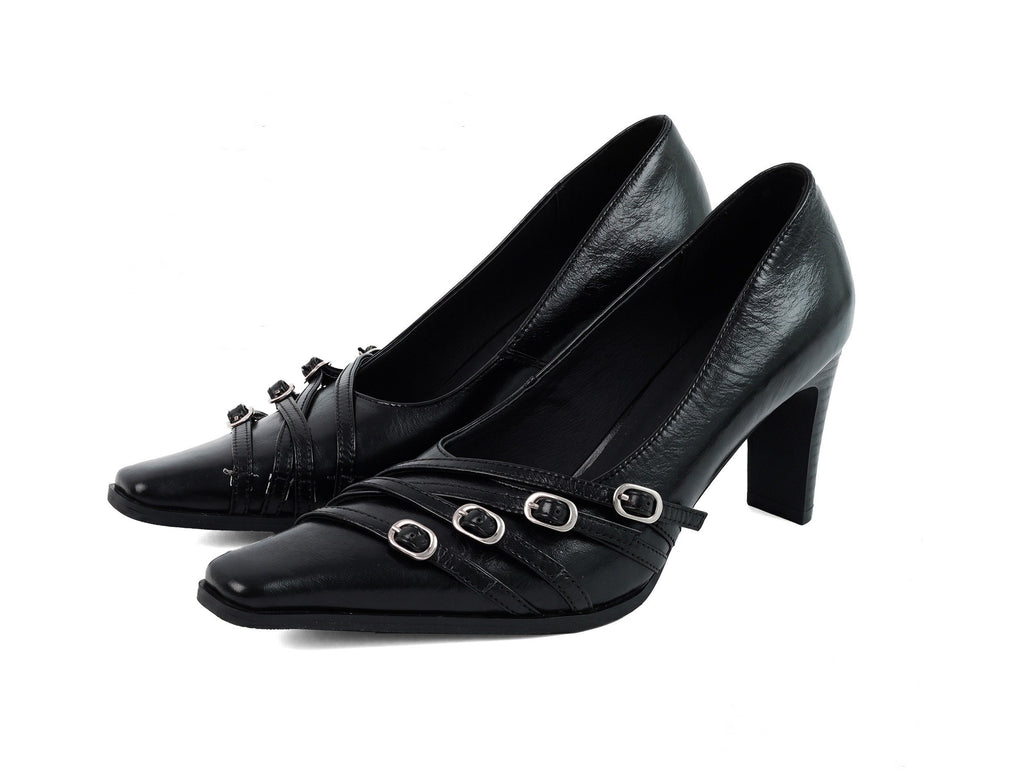 Buckled Waxed Leather Heels