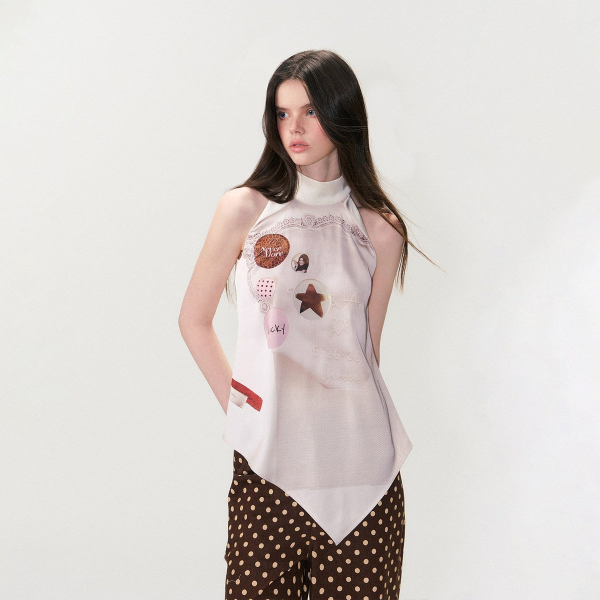 Silky Polyester Loose Mid Length Mock Neck Halter Women Satin Look Camisoles