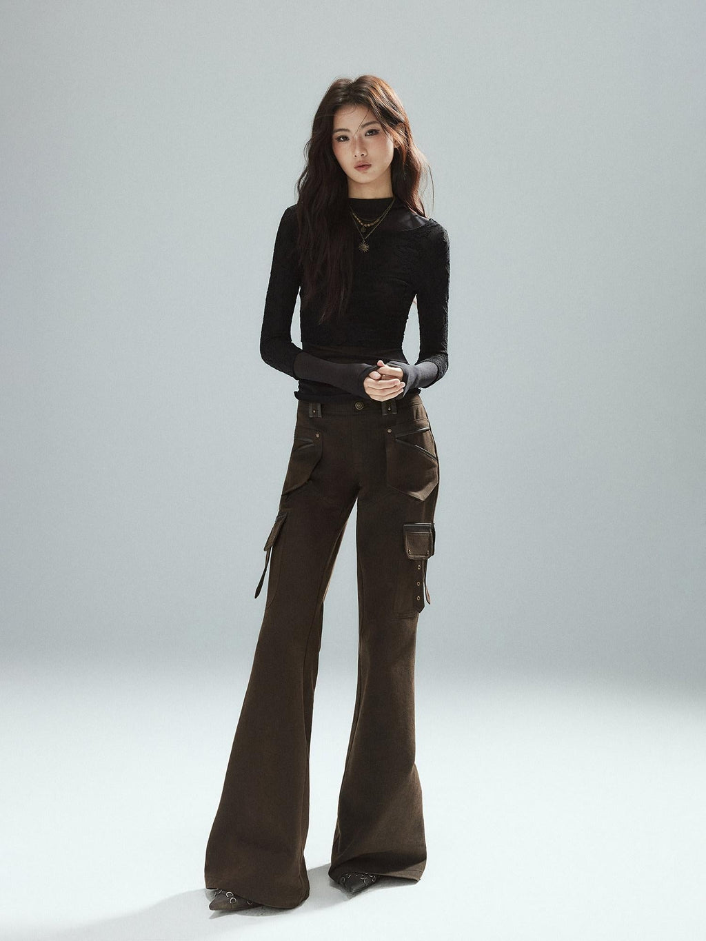 Slim Low Rise Cotton Flare Street Style Zipper Brown Women Cargo Pants