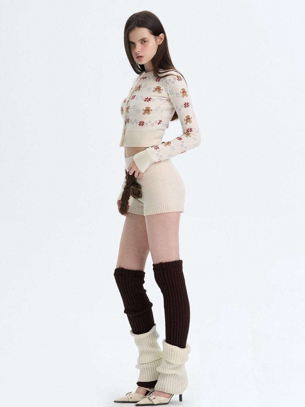 Cashmere Blend Bear Jacquard Cute Slim Cropped Crewneck Knitwear Cardigans