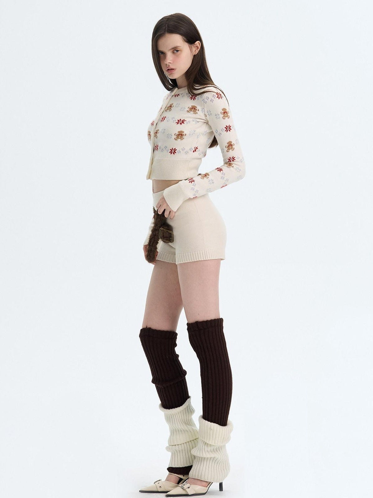 Cashmere Blend Bear Jacquard Cute Slim Cropped Crewneck Knitwear Cardigans