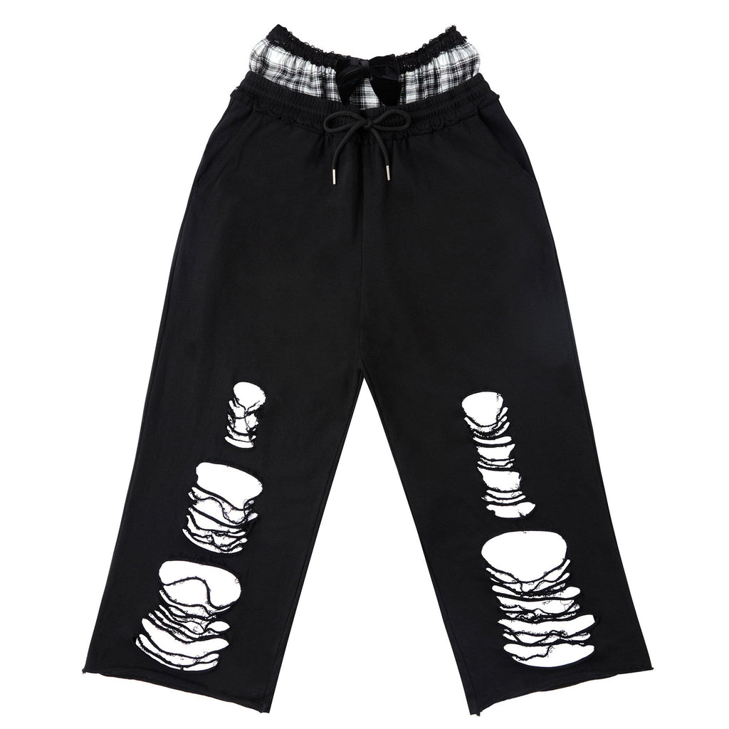 Velvet Bow Asymmetrical Distressed Faux Two Piece Women'S Cotton Sweatpants