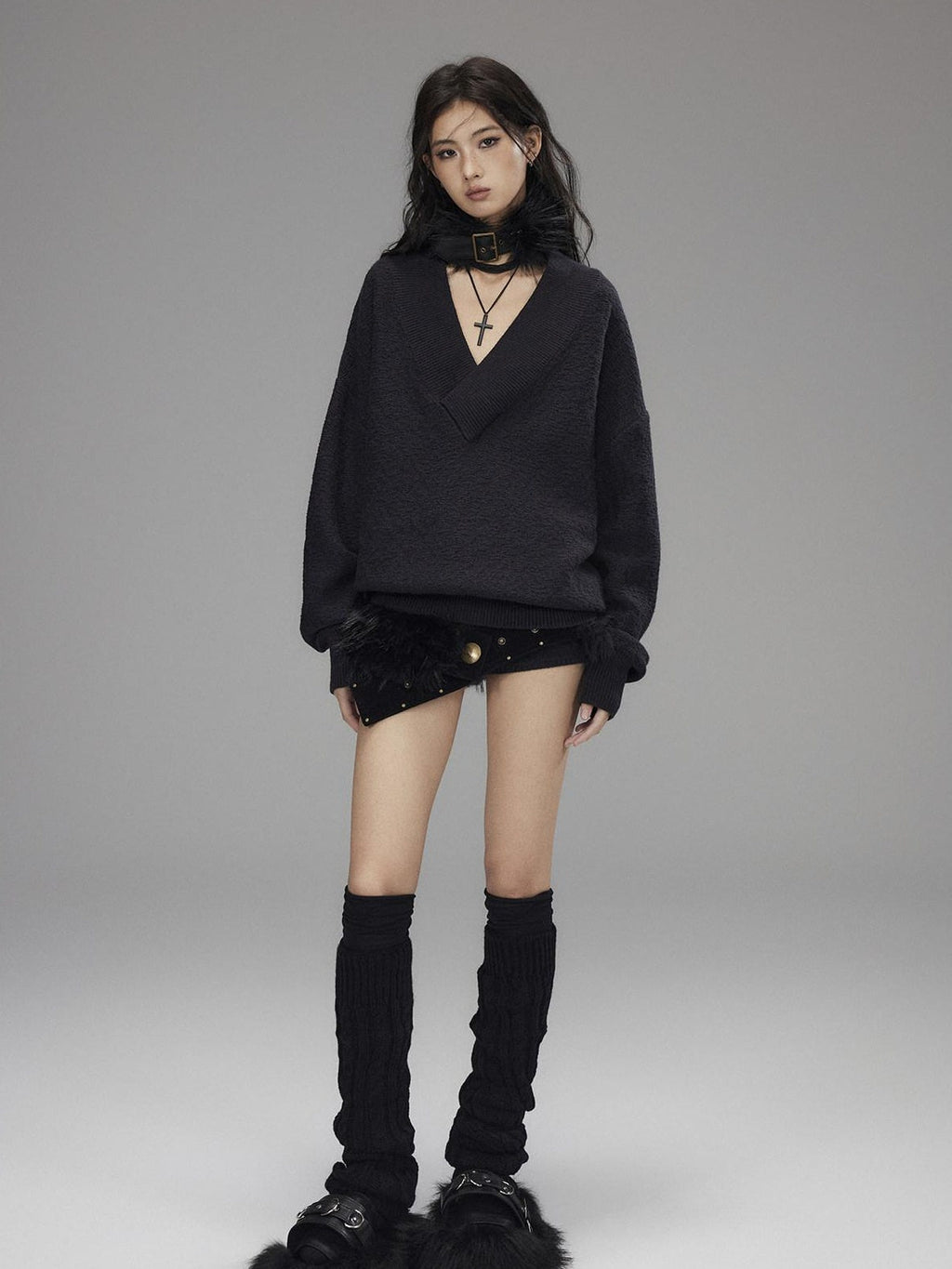 Knitted Wool Blend Loose Street Style Women Two Piece Set Navy Mini Shorts