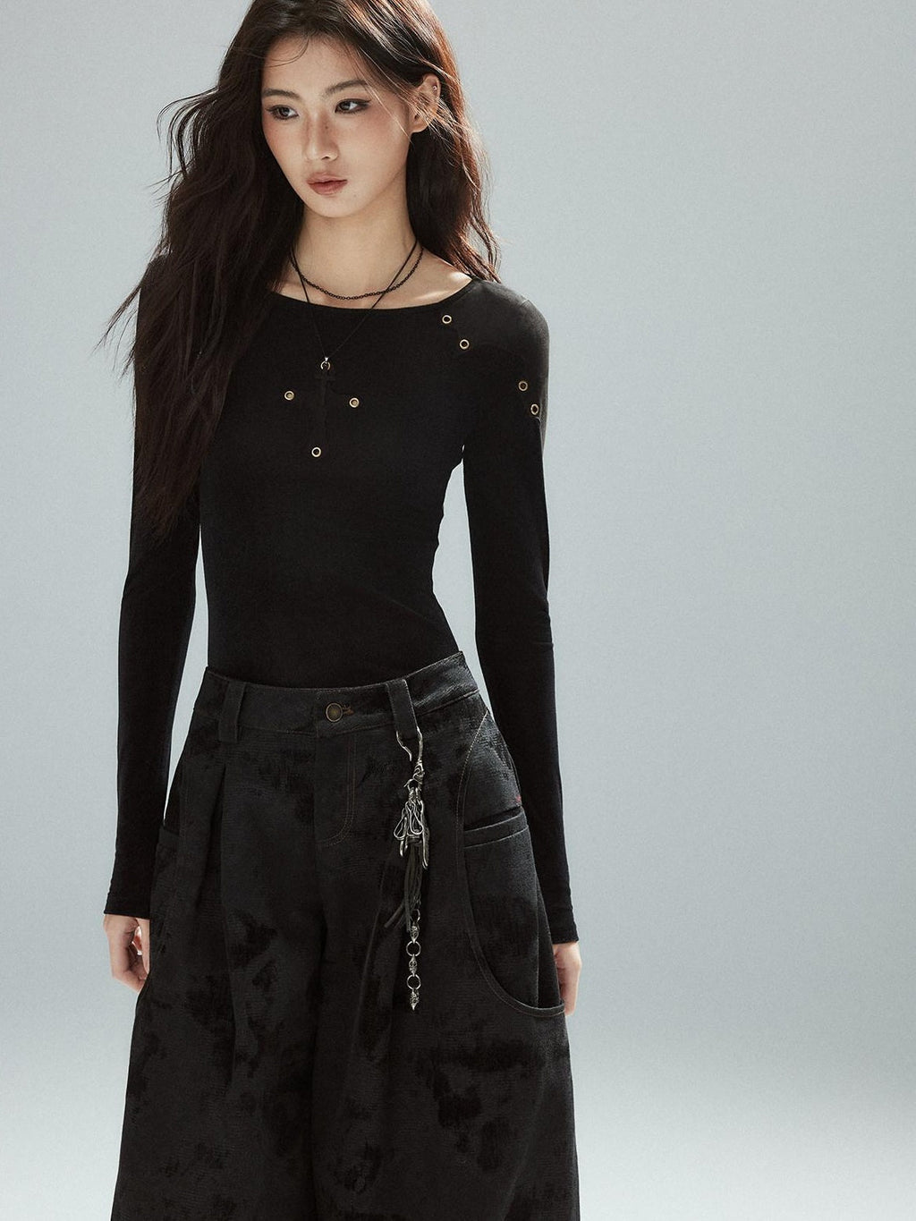 Slim Fit Patchwork Casual Crewneck Black Stretch Young Women Long Sleeve T-Shirts