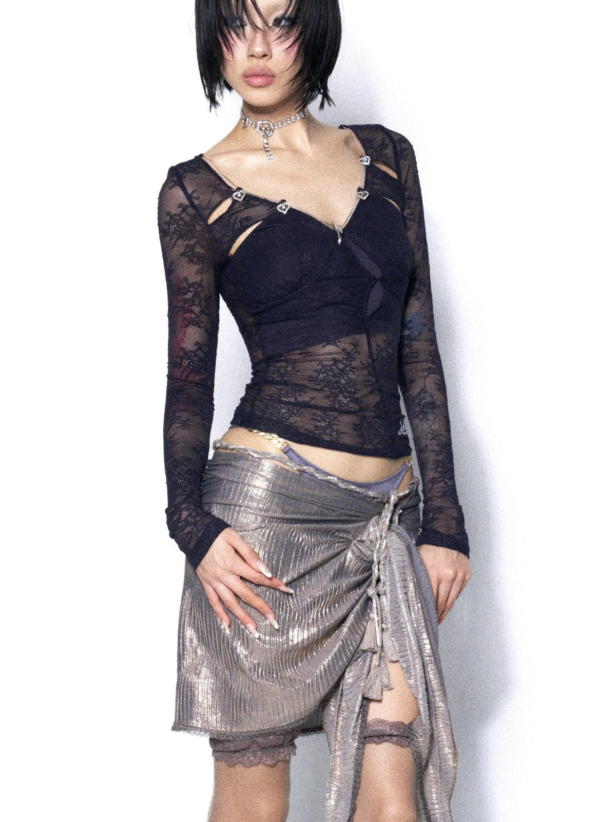 Dark Blue Purple Lace Cutout Heart Women'S Cotton Long Sleeve T-Shirts