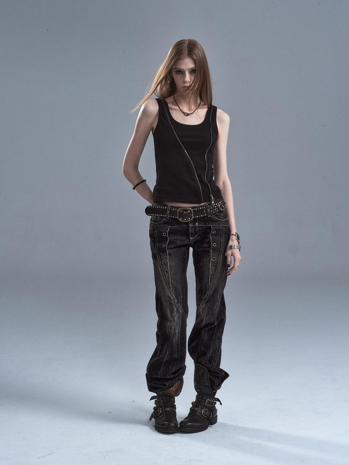 Printed Camo Black Diagonal Zip Two Way Cinched Waist Women'S Cotton Tank Tops