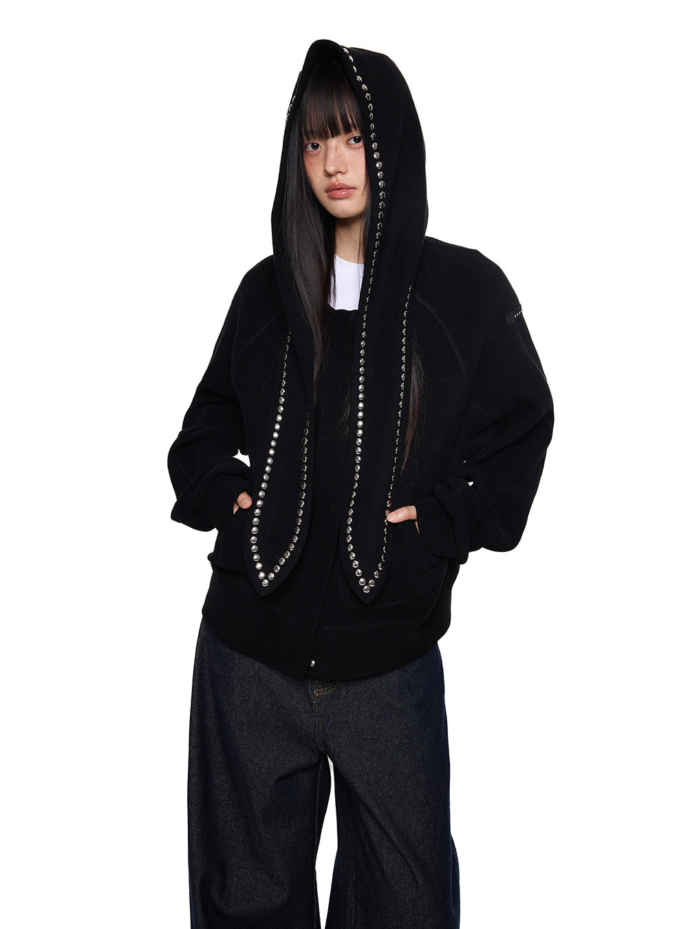 Soft Studded Bunny-Hood Zip Jacket (3color)