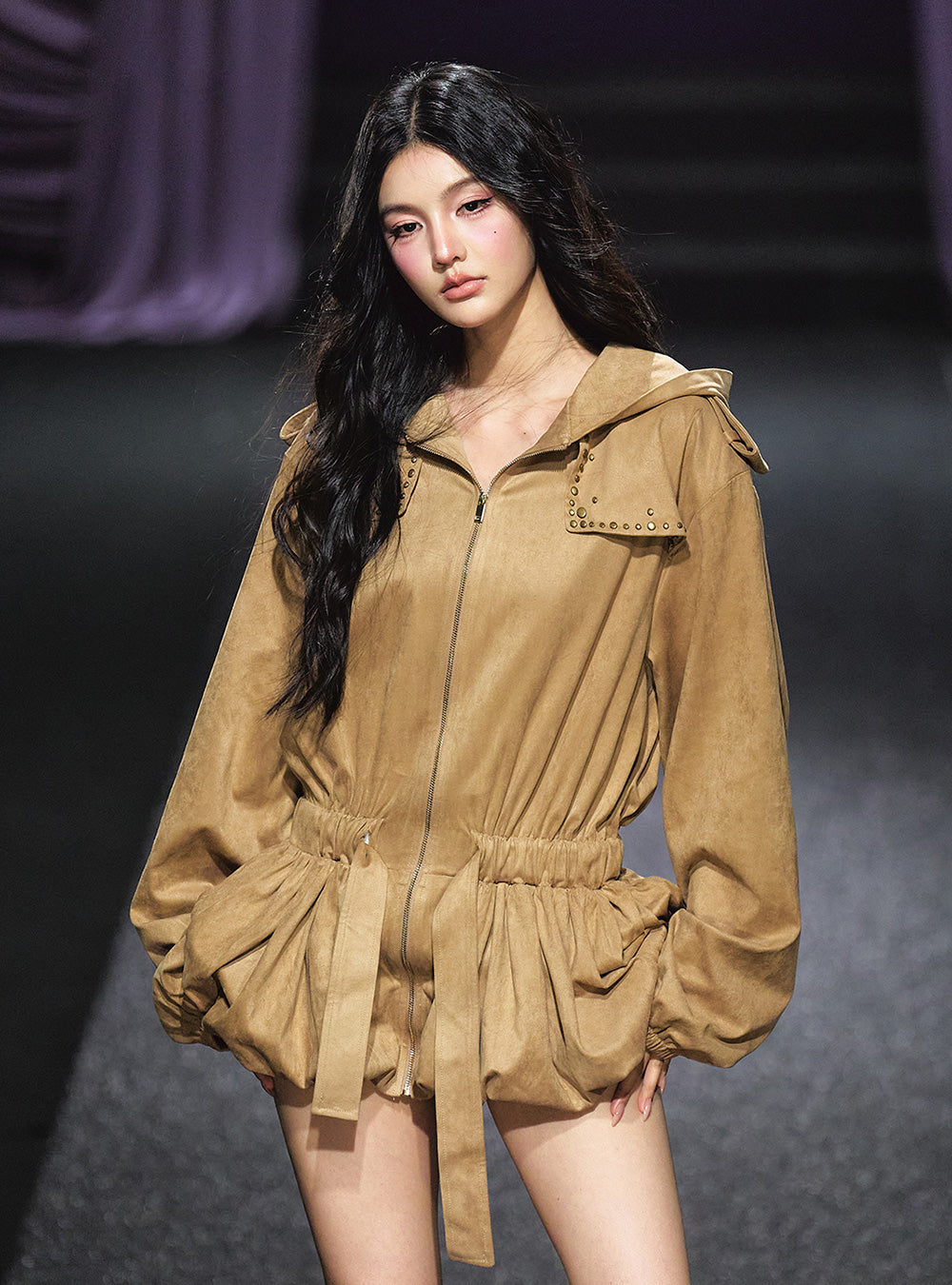 Suede Hooded Drawstring Jacket