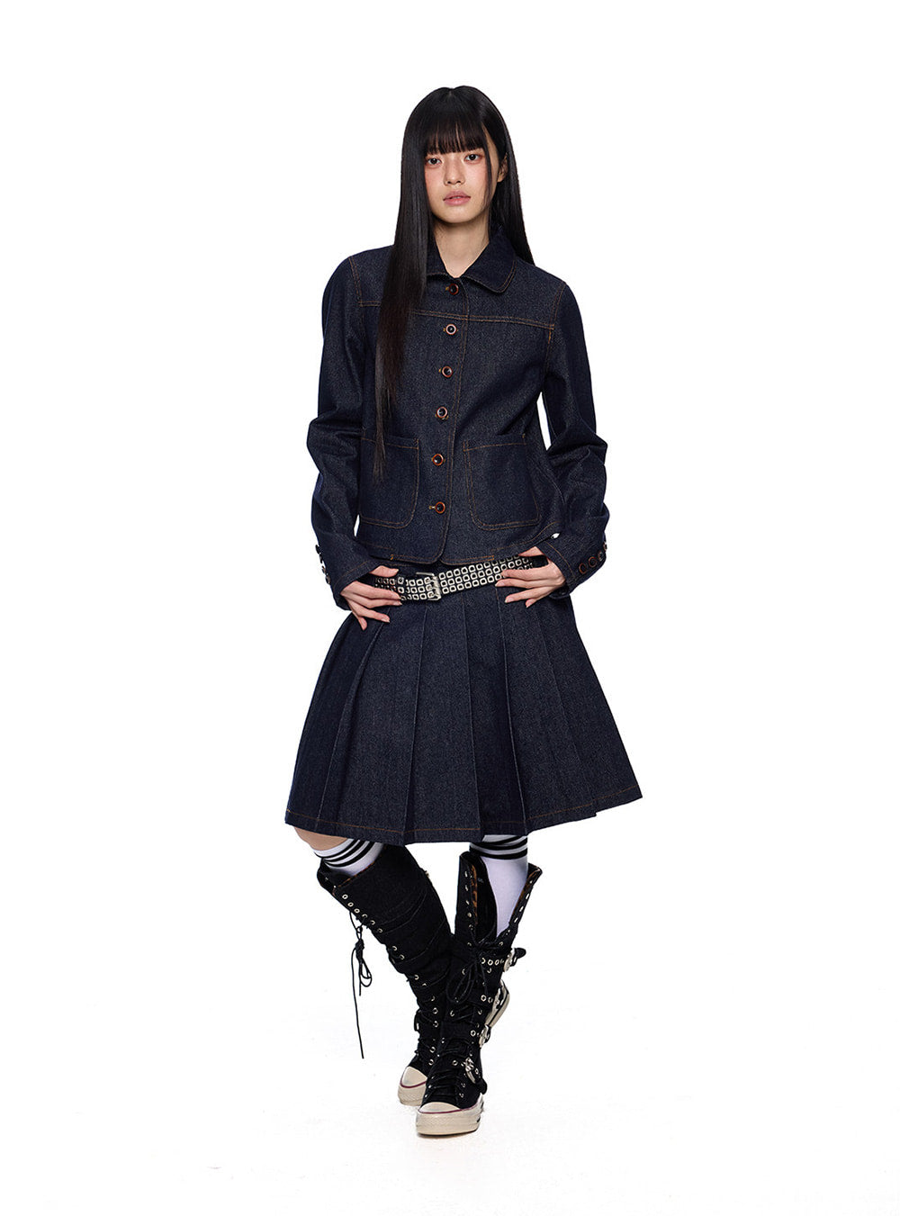 Side Button Pleated Denim Midi Skirt