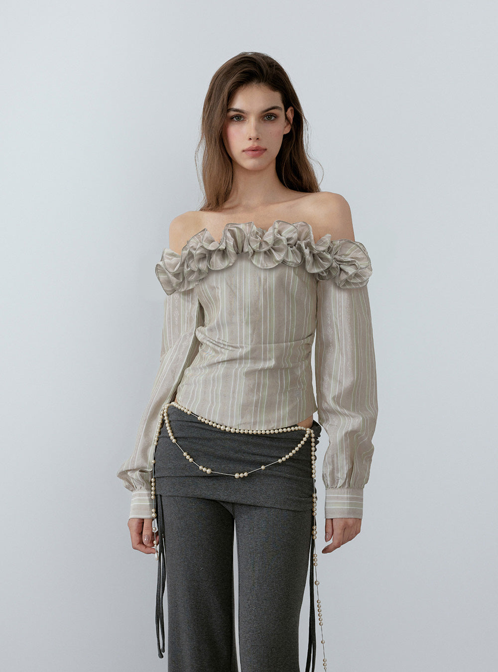 Soft Stripe Off-Shoulder Smock Blouse