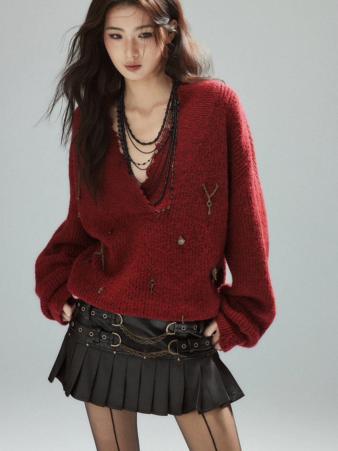 Warm Oversized Street Raw Hem Women V-neck Red Pullover Sweaters