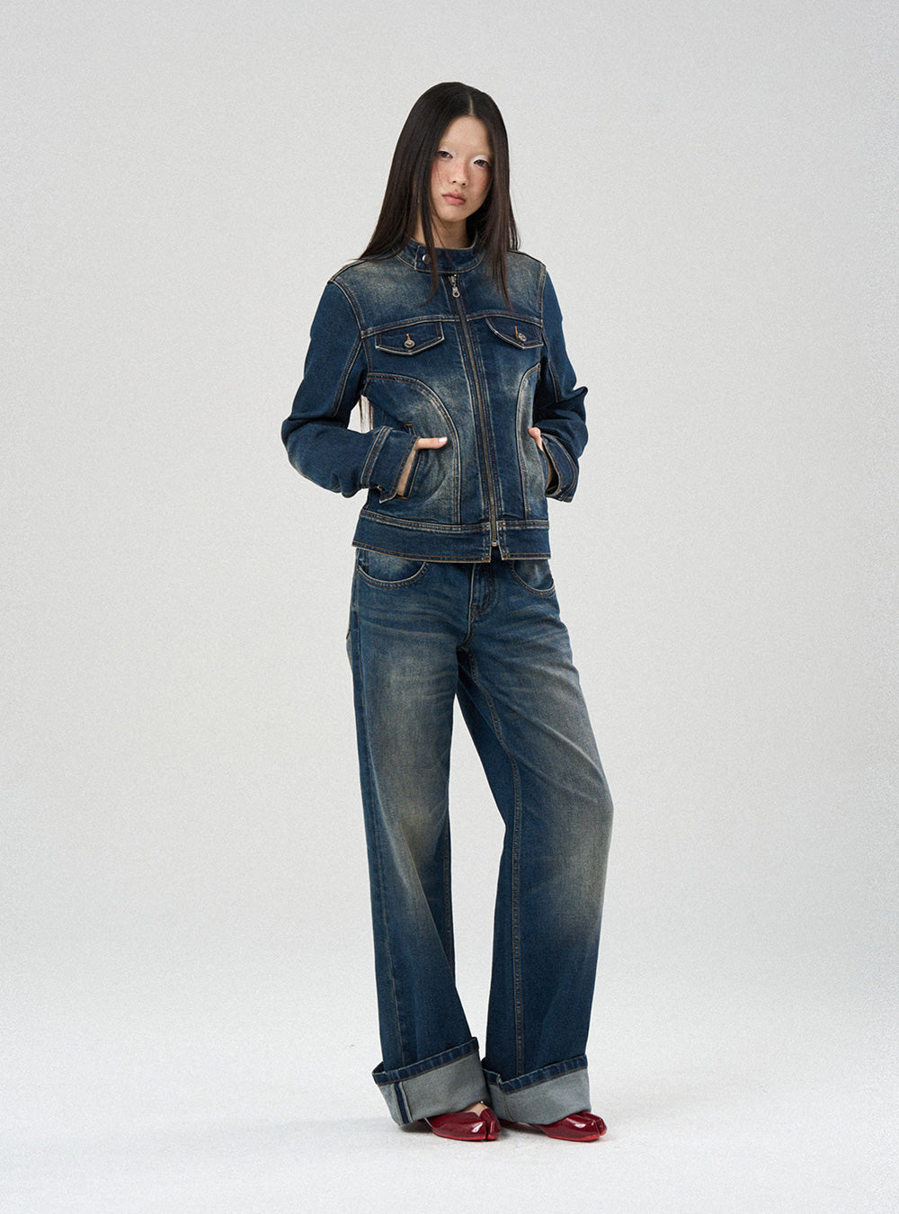 Vintage Wash Stand Collar Denim Jacket