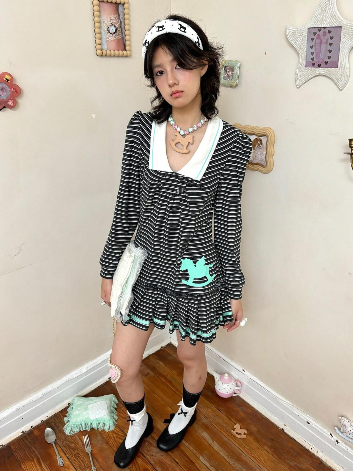 Cute Bubble Sleeve Doll Collar Pleated Casual Striped Mint Pink Mini Dresses