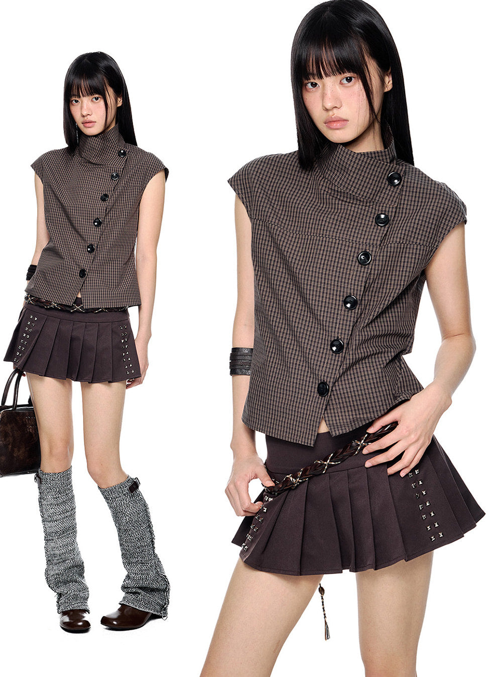 Tilt Button Check Slim Blouse Top