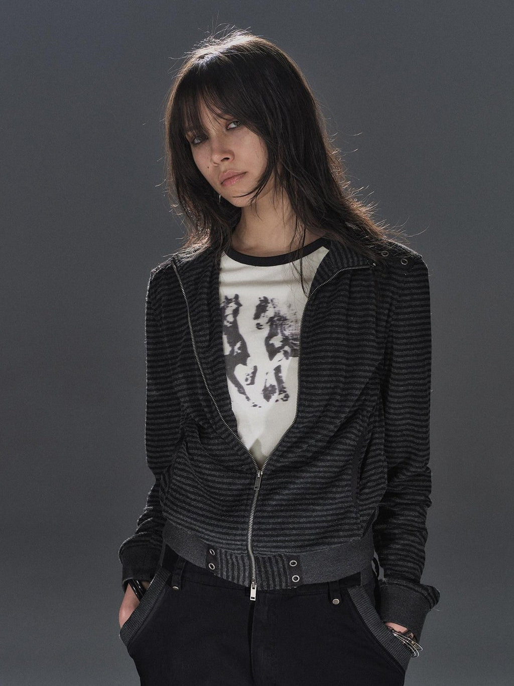 Black Gray Striped Eyelet Tape Splice Punk Women'S Polyester Casual Jackets
