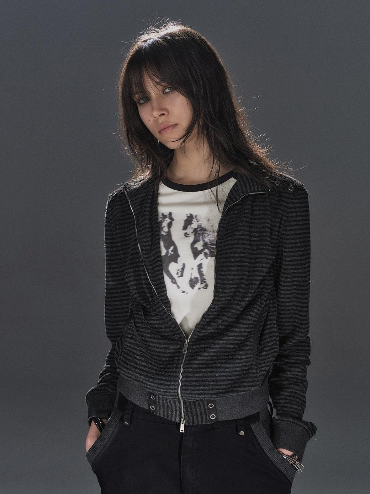 Black Gray Striped Eyelet Tape Splice Punk Women'S Polyester Casual Jackets