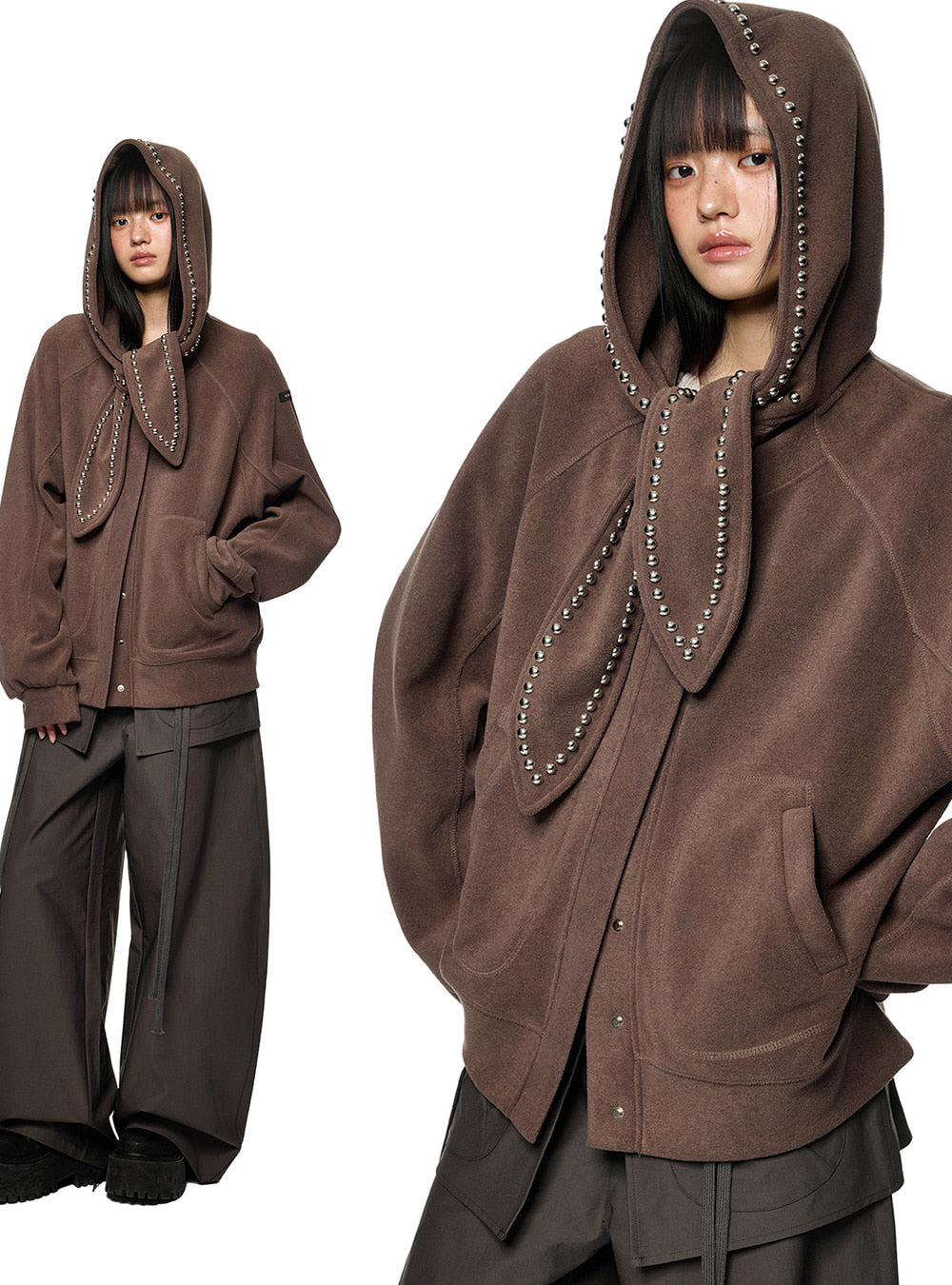 Soft Studded Bunny-Hood Zip Jacket (3color)