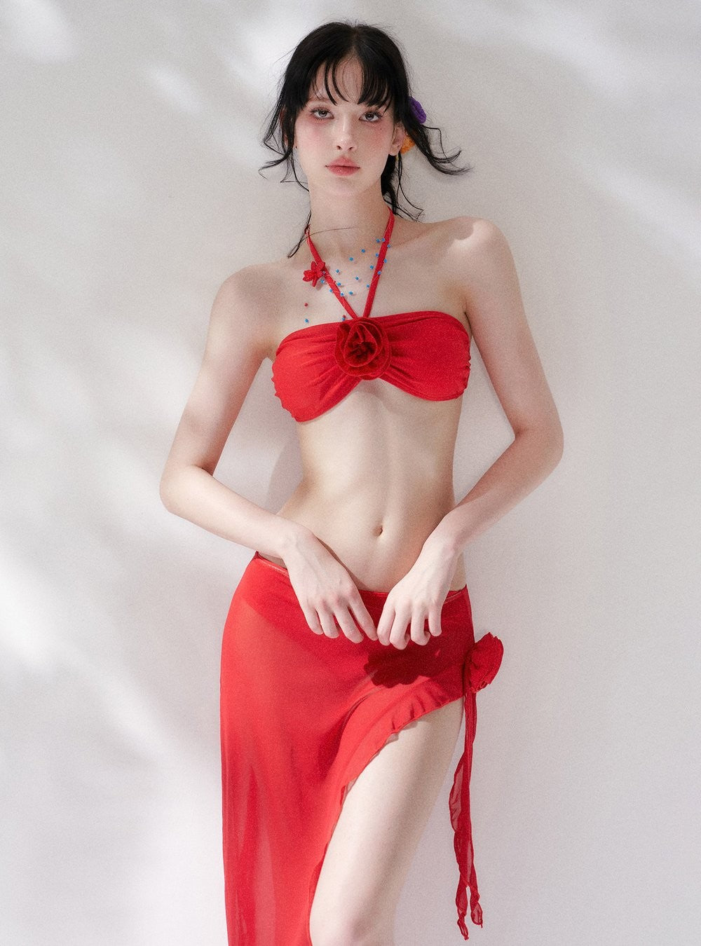 Crimson Bloom Bikini Swim Set (3Piece)