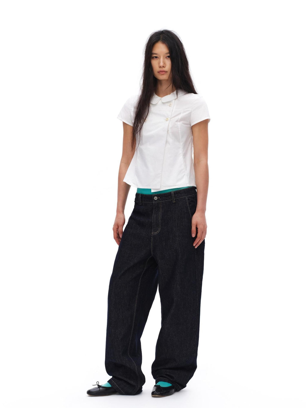 White Double Button Peter Pan Collar Slim Fit Short Sleeve Women'S Cotton Shirts