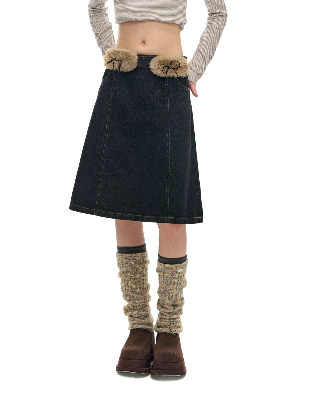 Romance Nanci Faux Fur Belt A-Line Denim Skirt