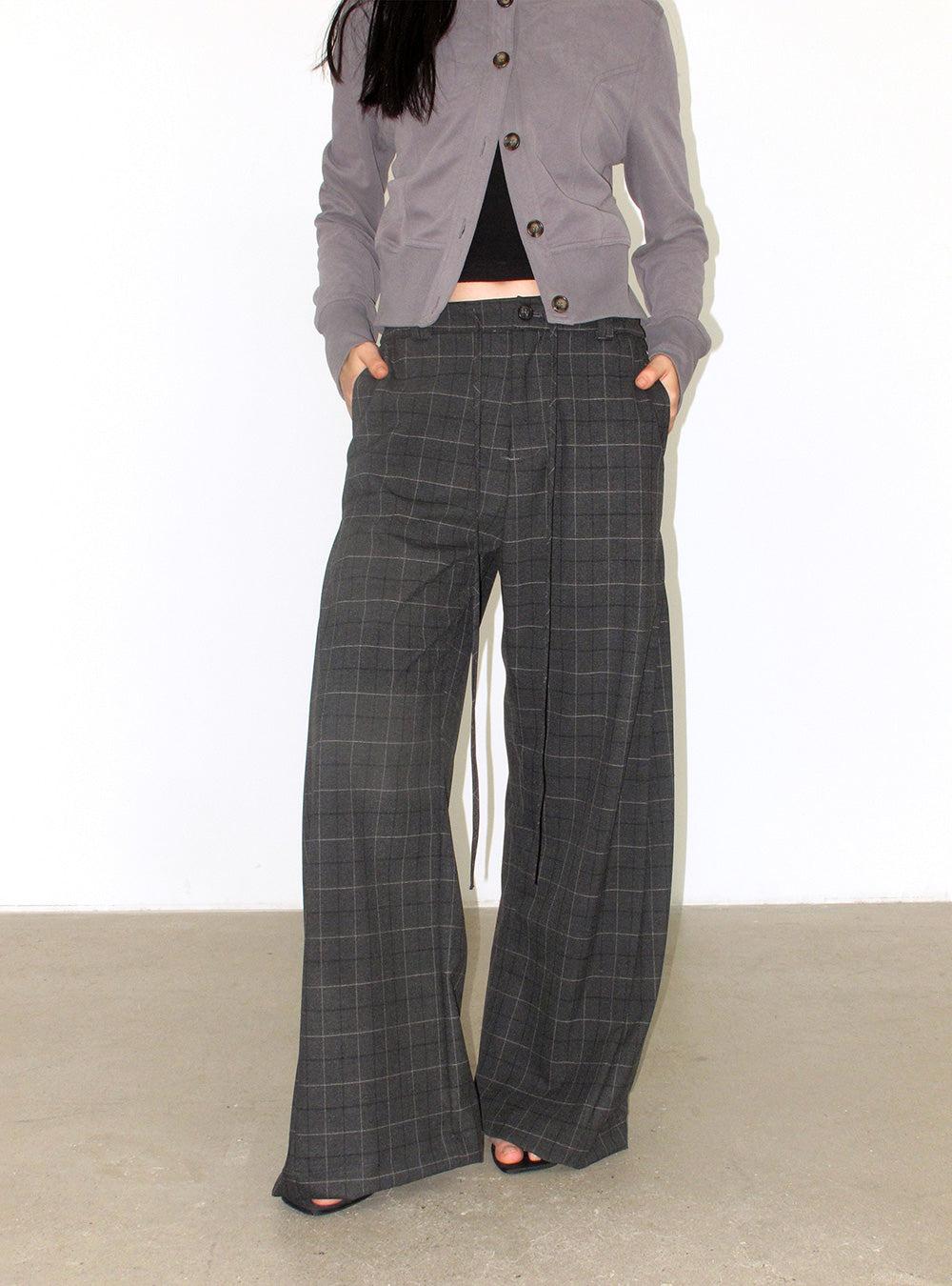 Dark Grey Check Side-Slit Wide Pants