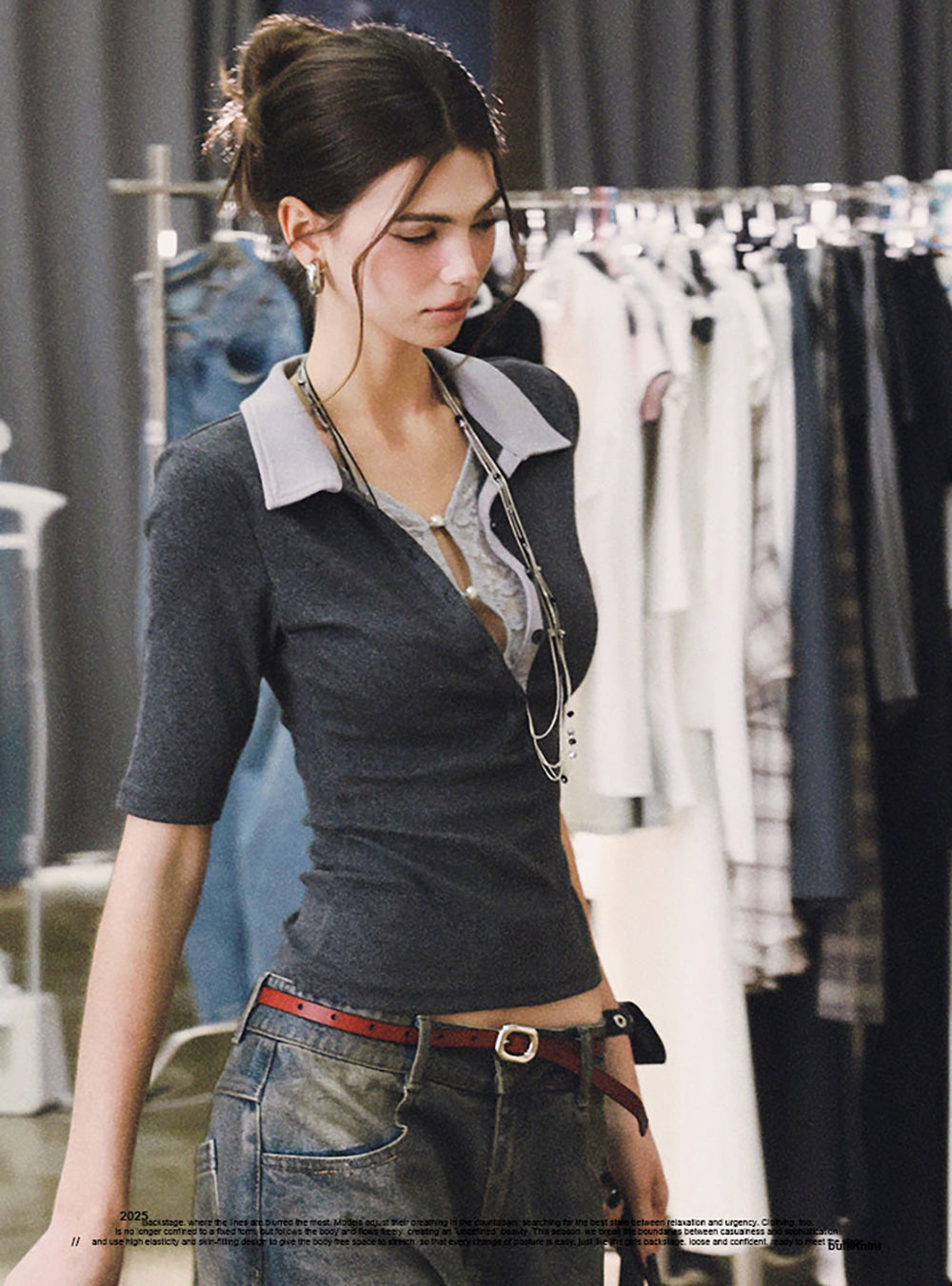 Contrast Collar Button Slim Top (2color)