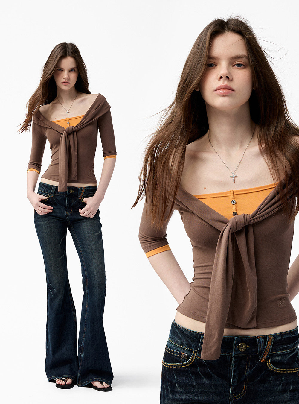 Henry Collar Fake Two-Piece Colorblock Top (2color)