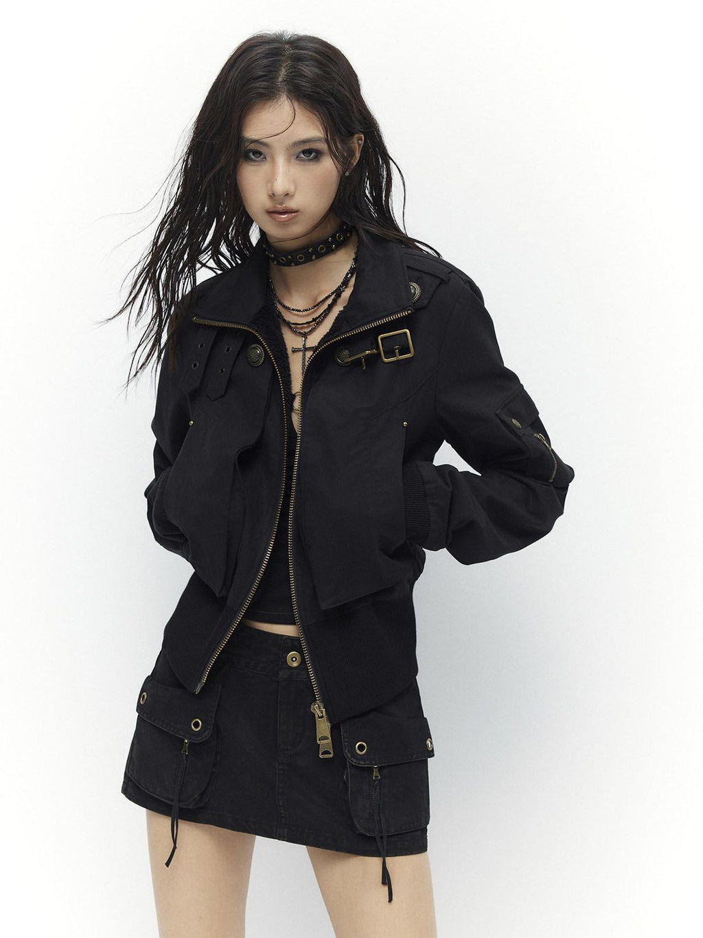 Plush Lined Waist Cinch Dark Goth Slim Fit Women Zip High Collar Cropped Jackets