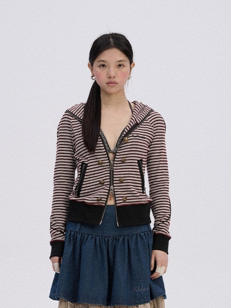 Soft Stretch Cotton Striped Cropped Hooded Zip Up Straight Fit Women Hoodies