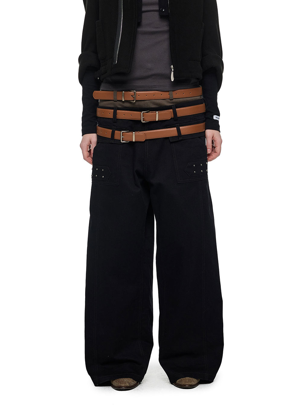 Triple Waist Belt Studded Wide Pants